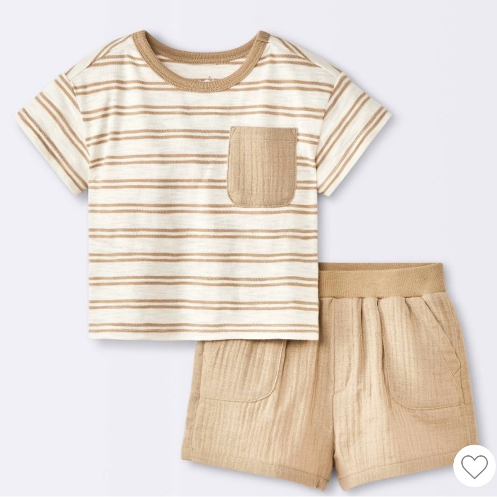 NWT Cloud Island Beige and White Striped Outfit Baby Boy, Size Newborn